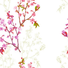 Vector floral seamless pattern with spring blossom, branch with pink flowers (cherry, plum, almonds), green outline, hand draw sketch and vector illustration on white background