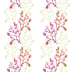 Obraz na płótnie Canvas Vector floral seamless pattern with spring blossom, branch with pink flowers (cherry, plum, almonds), green outline, hand draw sketch and vector illustration on white background