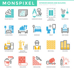Flat thin line Icons set of Interior Design and Building. Pixel