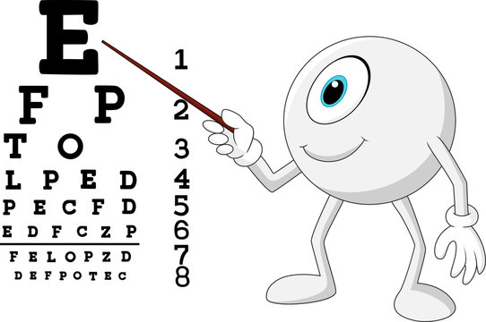 Cartoon eye ball optician pointing to Snellen chart