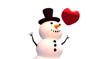 3d rendering picture of snowman and a big red heart. Happy Holidays and Merry Christmas greeting card. Empty white background.