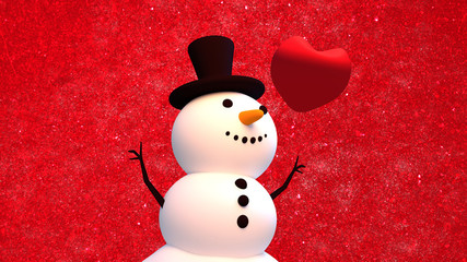 3d rendering picture of snowman and a big red heart. Happy Holidays and Merry Christmas greeting card. Beautiful red glitter background.