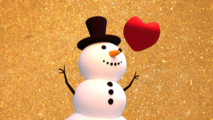 3d rendering picture of snowman and a big red heart. Happy Holidays and Merry Christmas greeting card. Beautiful gold glitter background.