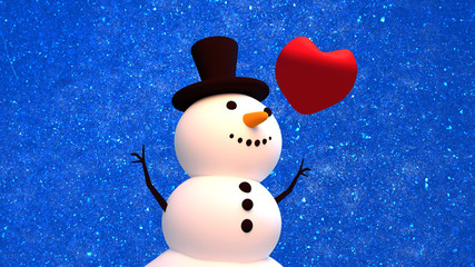 3d rendering picture of snowman and a big red heart. Happy Holidays and Merry Christmas greeting card. Beautiful blue glitter background.
