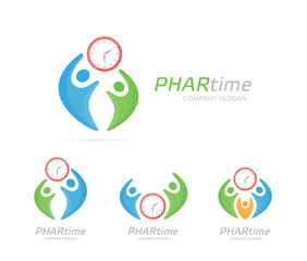 Fototapeta premium Vector clock and people logo combination. Time and family symbol or icon. Unique union, watch, connect, team and community logotype design template.