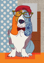 Basset cute dressed dog patchwork craft - obrazy, fototapety, plakaty