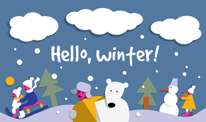 Hello winter snow sign flat card.