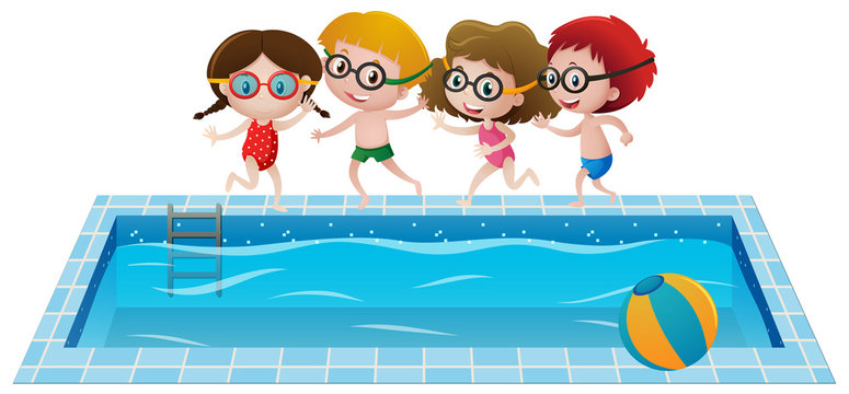 Four kids by the swimming pool