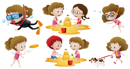 Little girl doing different actions with friends