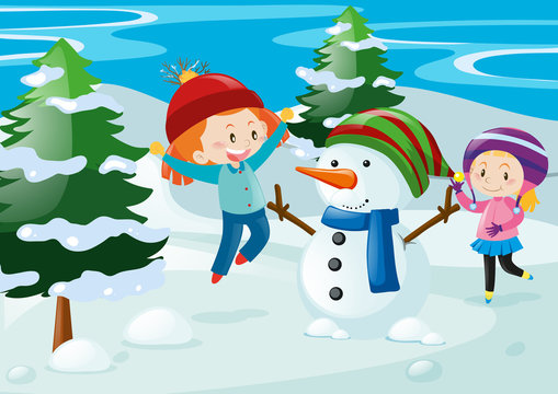 Scene with kids and snowman