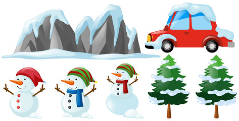 Obraz premium Winter set with snowman and tree