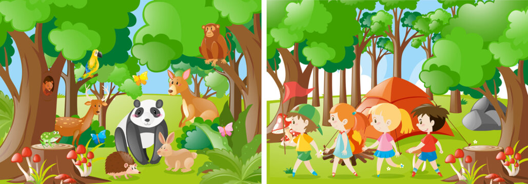 Two forest scenes with kids and wild animals