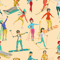 Seamless pattern Girls engaged in winter sports. Cartoon style v