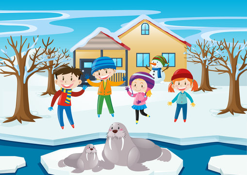 Scene with kids and walrus in winter