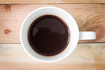 Coffee cup top view on wooden table.