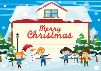 Christmas card template with kids in the snow