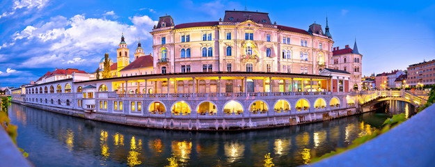Ljubljana riverfront panorama evening view