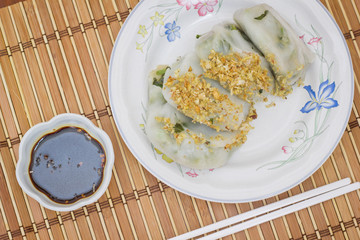Garlic Chive Dumplings on mat bamboo.