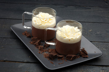 Hot chocolate cocoa with whipped cream on vintage wooden background, selective focus 