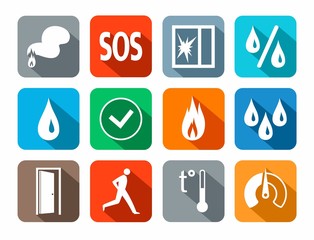 Alarm, icons, colored, fire detectors, humidity, motion, temperature, glass break. Vector white image on a colored background with a shadow. Pictures for the sensors. 