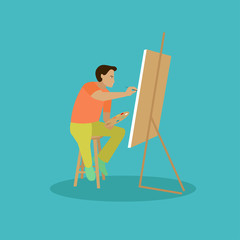 Painter is working on his easel picture. Vector illustration