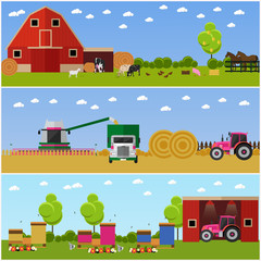 Vector illustration in flat style. Set of farming, wheat harvesting, beekeeping concept banners.