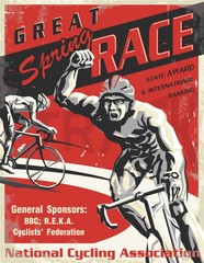 Biking race vintage poster. Biking illustration, cyclist vector retro poster. Layered. © razvart