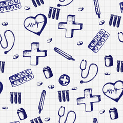 Vector doodle seamless illustration. Medicine icons