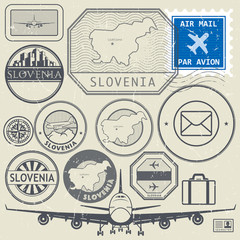 Slovenia travel or adventure theme stamps or labels set
