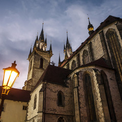 View of Tyn church at night in Prague old town quarter, Prague, Czech Republic