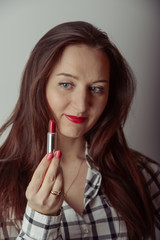 portrait of beautiful delicate woman red lipstick