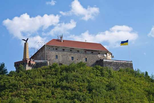 Ukraine, Mukachevo Palanok Castle from the 14th century on top of the mountain.