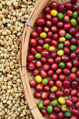 Coffee beans and fresh berries beans background