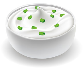 Bowl of Sour Cream Sauce Tartar Mayonnaise with Chopped Green Onion Close up