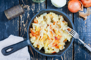 Fried potatoes, top view, horizontal