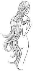 Vector cketch of naked woman with very long and wavy hair
