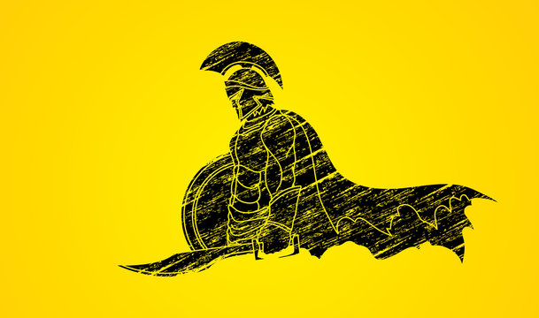 Spartan warrior with sword and shield designed using grunge brush graphic vector.