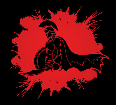 recommend clip art: Spartan warrior with sword and shield designed on splash blood graphic vector.