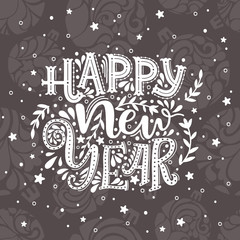 Happy New Year lettering on seamless pattern with decorative elements. Vector illustration.  Hand-lettering text on pink circle. Handmade vector calligraphy collection