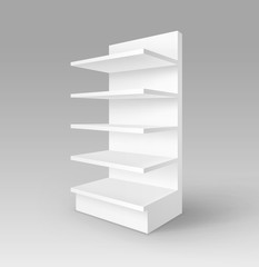 White Blank Empty Exhibition Trade Stand Shop Rack with Shelves Storefront Isolated on Background
