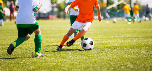 Boys Kicking Soccer Ball. Children Soccer Team. Kids Running with Ball on Football Pitch. Young Soccer Players in Action