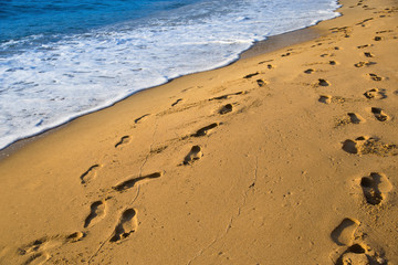 Sand beach. Calm seacoast. Human track on the yellow sand. Natural landscape.