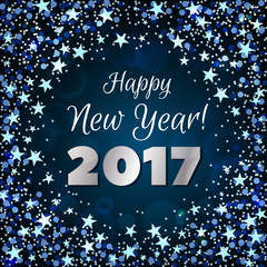 Happy New Year 2017 greeting card. Festive illustration with sparkles, stars and confetti on dark blue background. Vector.