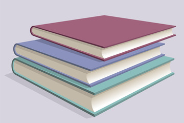 Stack of multicolored books. Three textbooks stacked on each other. Vector