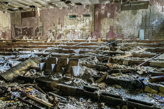 Chernobyl area, lost city Pripyat, modern ruins, Cinema, Ukraine