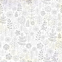 Hand drawn vector floral doodle pattern with branches, leaves, flowers.