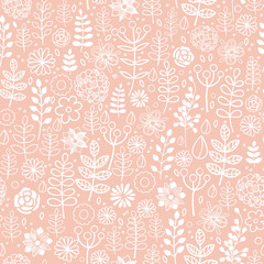 Hand drawn vector forest doodle pattern with branches, leaves, flowers, berries.