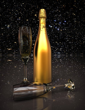 Happy new year / 3D render image representing New years eve with champagne 