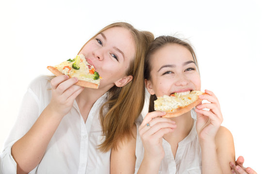 happy girls eats pizza isolated on white background