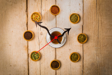tea time, teacup clock with various colorful teas